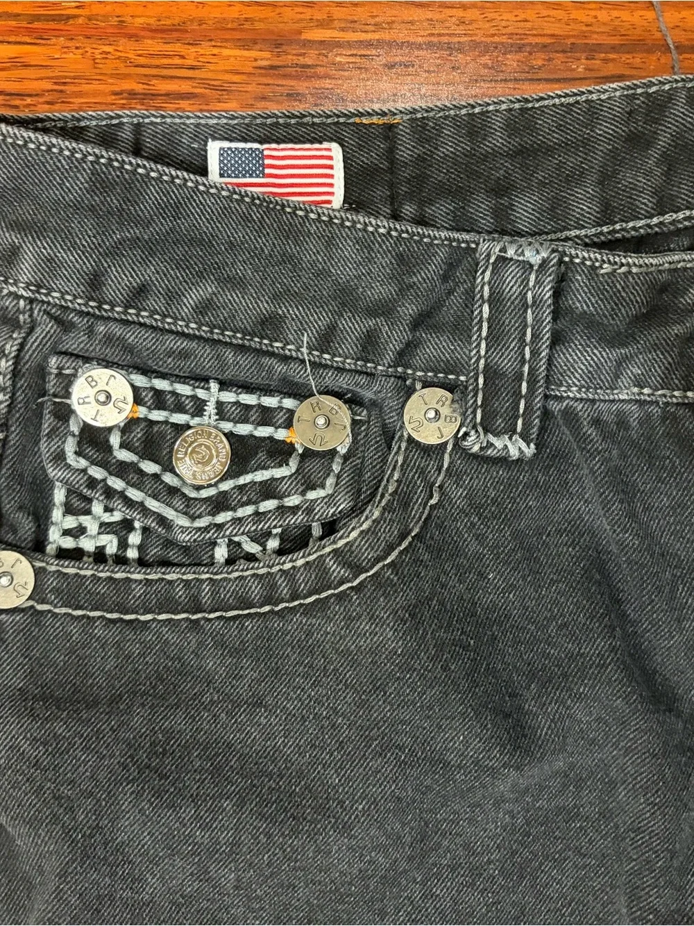 Vintage True Religion Ricky Black Big T Denim Jeans Mens Size 36x32 Flap Pocket